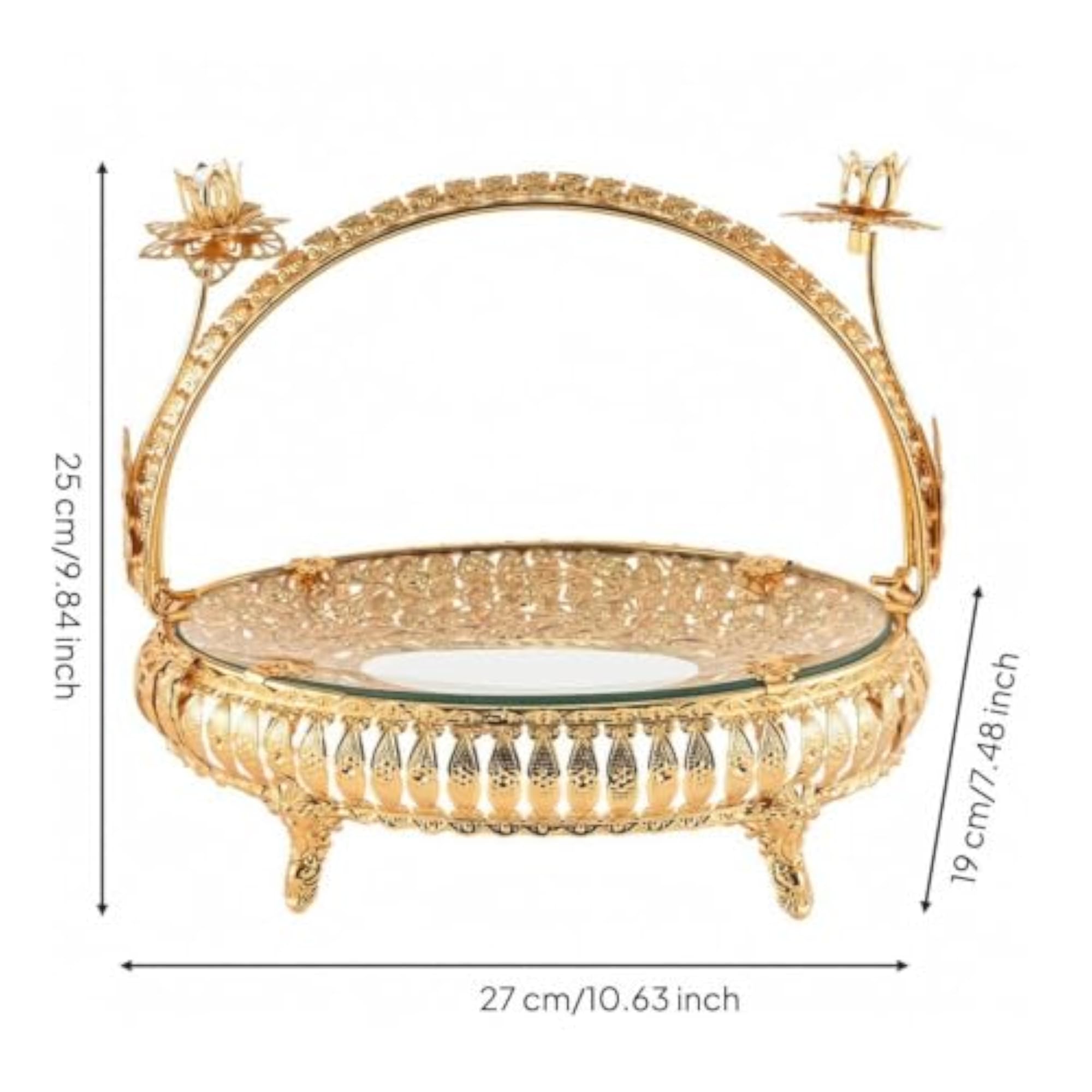 Gold Tone Metal Fruit Tray with Glass Surface